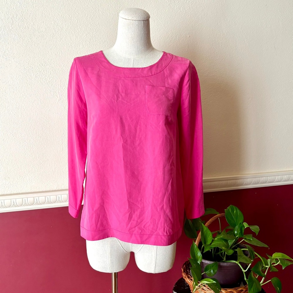 J.Crew Pink 100% Silk Relaxed Top 3/4 Sleeve Size 00 Feminine Barbie Bright